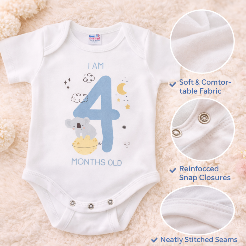 BEN BENNY Baby Milestone Bodysuit – “I Am 4 Months Old” Cute Koala Print | Soft Cotton Onesie | Size M