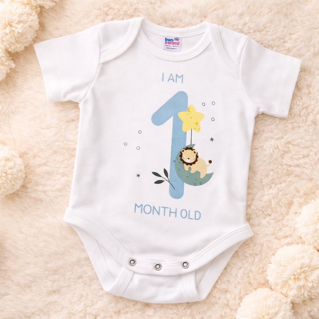 BEN BENNY Newborn Baby 1 Month Milestone Bodysuit – I Am 1 Month Old Printed Soft Cotton Romper (Size NB)