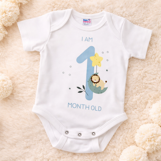 BEN BENNY Newborn Baby 1 Month Milestone Bodysuit – I Am 1 Month Old Printed Soft Cotton Romper (Size NB)