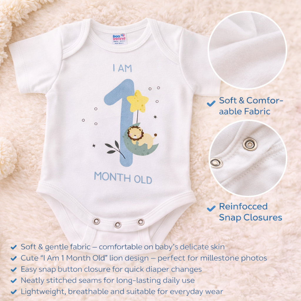 BEN BENNY Newborn Baby 1 Month Milestone Bodysuit – I Am 1 Month Old Printed Soft Cotton Romper (Size NB)