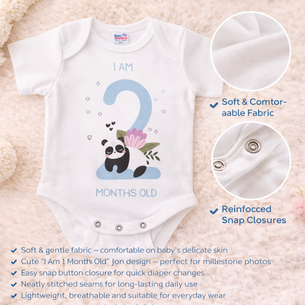 BEN BENNY Baby 2 Months Milestone Bodysuit – Cute Panda “I Am 2 Months Old” Soft Cotton Bodysuit (Size S)