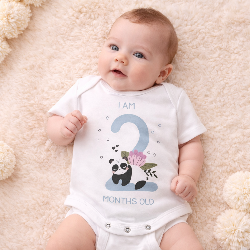 BEN BENNY Baby 2 Months Milestone Bodysuit – Cute Panda “I Am 2 Months Old” Soft Cotton Bodysuit (Size S)