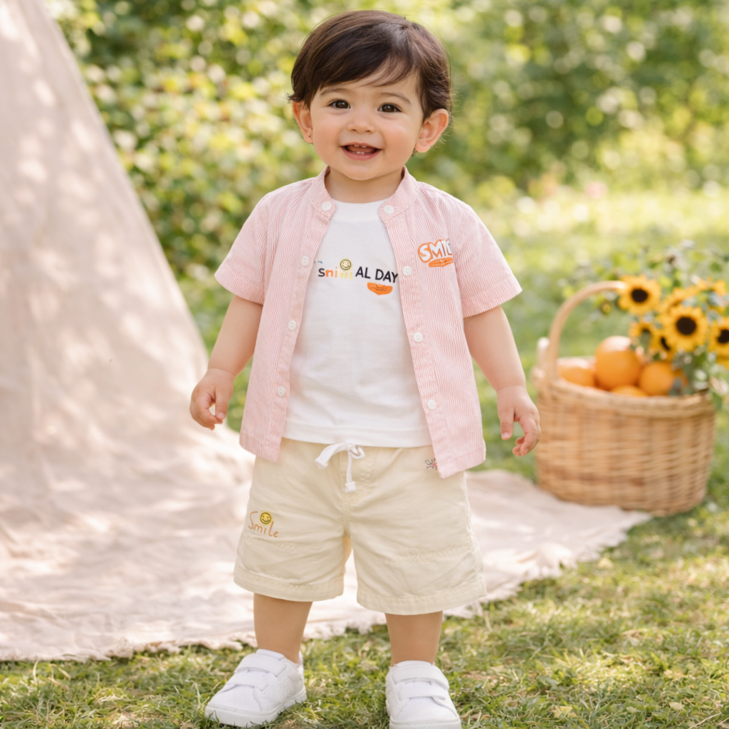 KIDZELLO Smile All Day Summer Co-Ord Set for Baby Boys (0–24 Months) – Soft Cotton Shirt & Shorts – Peach , GREEN & Sky