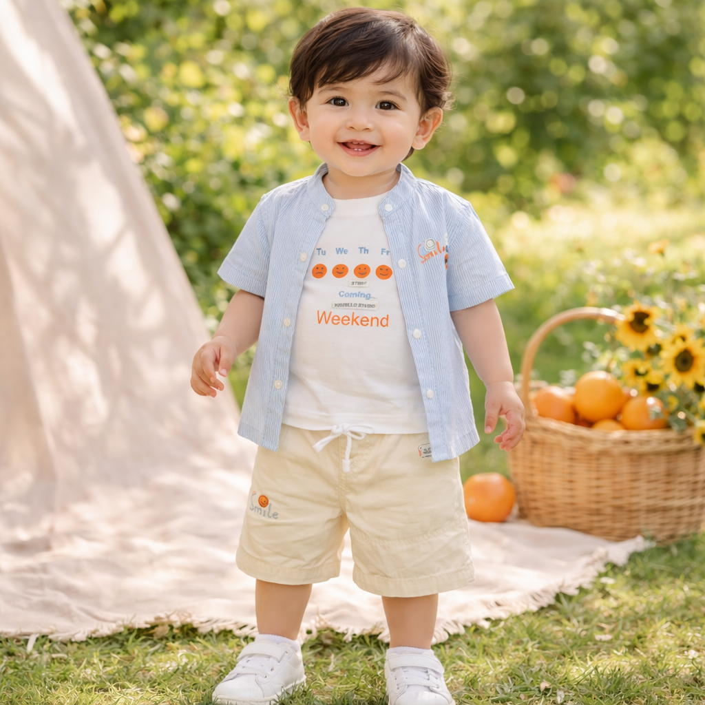 KIDZELLO Smile All Day Summer Co-Ord Set for Baby Boys (0–24 Months) – Soft Cotton Shirt & Shorts – Peach , GREEN & Sky