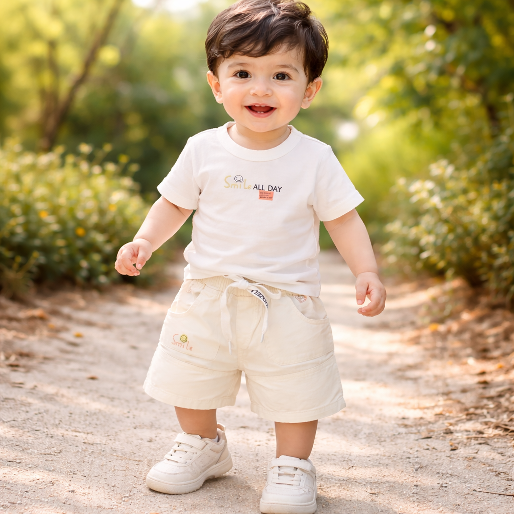 KIDZELLO Smile All Day Summer Co-Ord Set for Baby Boys (0–24 Months) – Soft Cotton Shirt & Shorts – Peach , GREEN & Sky