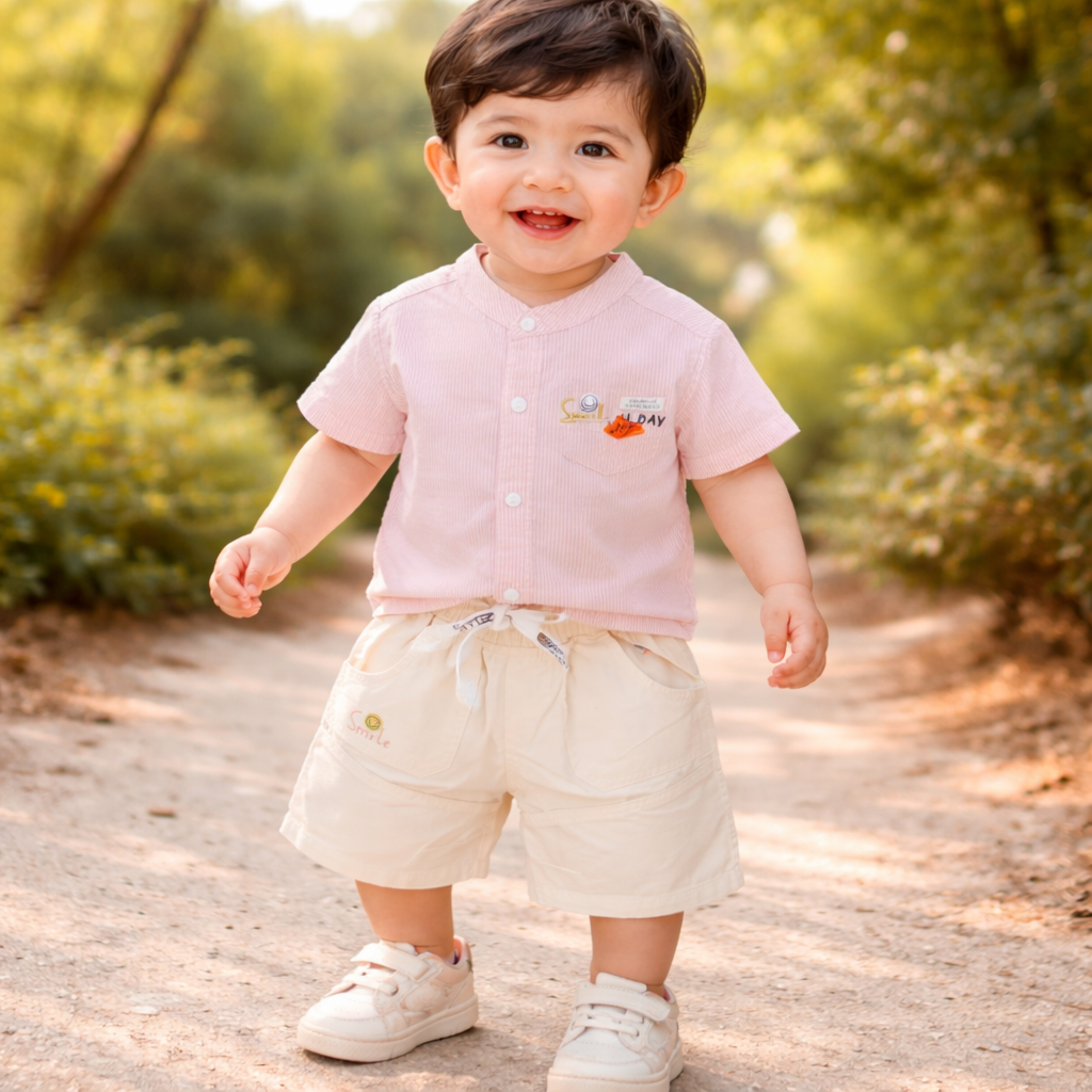 KIDZELLO Smile All Day Summer Co-Ord Set for Baby Boys (0–24 Months) – Soft Cotton Shirt & Shorts – Peach , GREEN & Sky