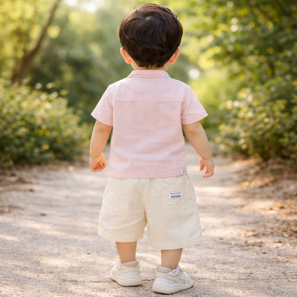 KIDZELLO Smile All Day Summer Co-Ord Set for Baby Boys (0–24 Months) – Soft Cotton Shirt & Shorts – Peach , GREEN & Sky