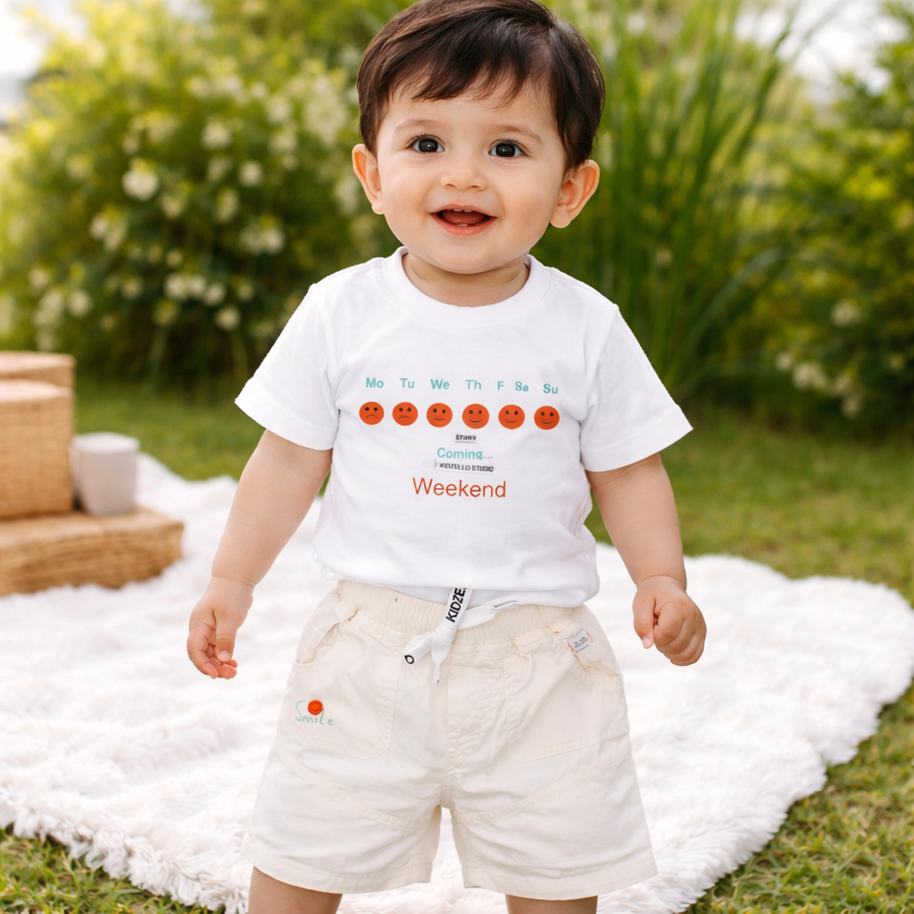KIDZELLO Smile All Day Summer Co-Ord Set for Baby Boys (0–24 Months) – Soft Cotton Shirt & Shorts – Peach , GREEN & Sky
