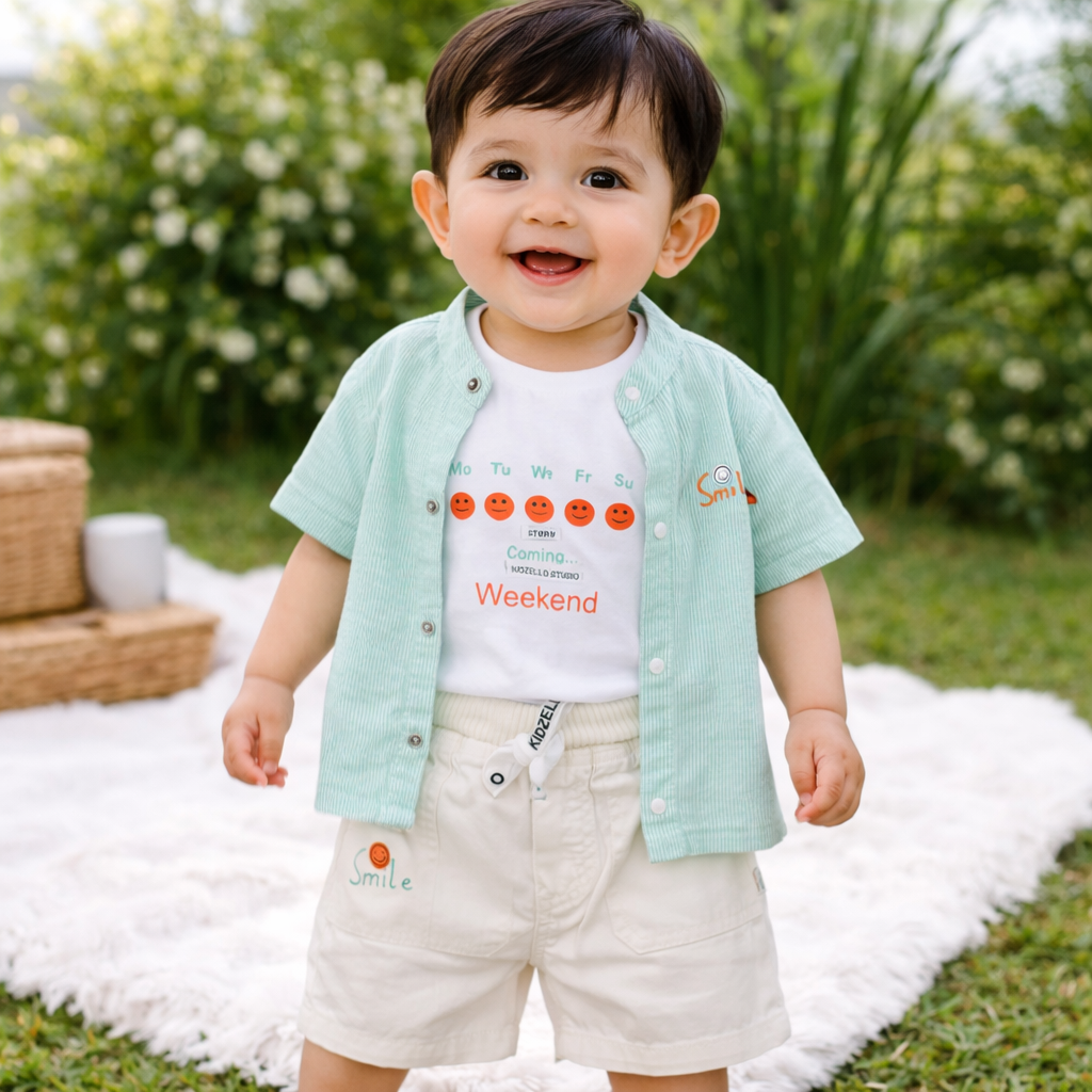 KIDZELLO Smile All Day Summer Co-Ord Set for Baby Boys (0–24 Months) – Soft Cotton Shirt & Shorts – Peach , GREEN & Sky