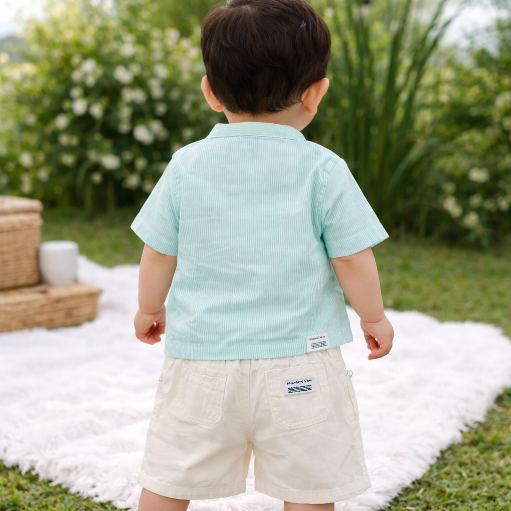 KIDZELLO Smile All Day Summer Co-Ord Set for Baby Boys (0–24 Months) – Soft Cotton Shirt & Shorts – Peach , GREEN & Sky