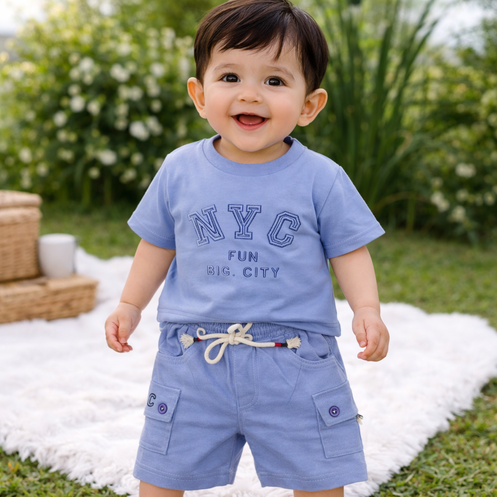 KIDZELLO Baby Boys Cotton Co-Ord Set – NYC Print T-Shirt & Cargo Shorts (6M to 3 Years)