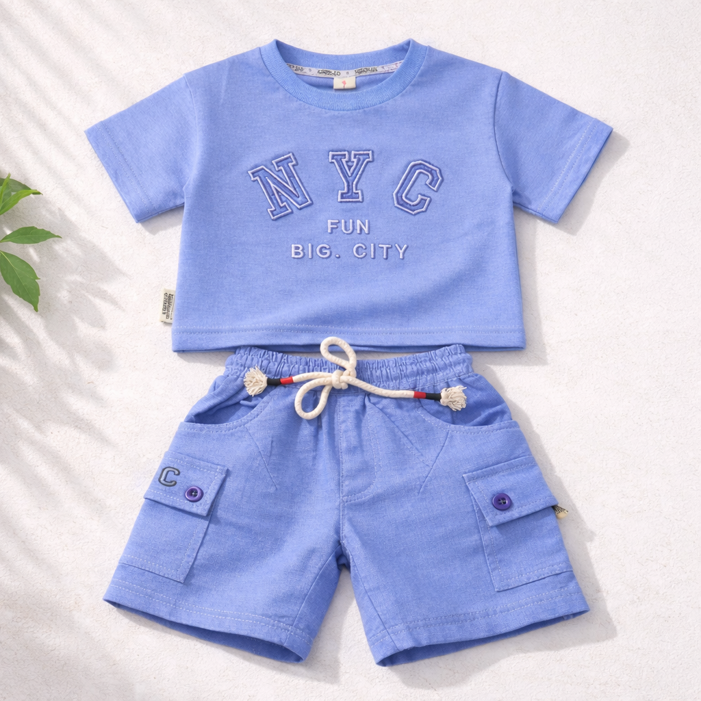 KIDZELLO Baby Boys Cotton Co-Ord Set – NYC Print T-Shirt & Cargo Shorts (6M to 3 Years)