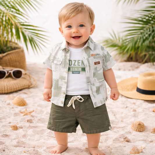 KIDZELLO Boys Premium Printed Shirt & Shorts Set – Soft Cotton Summer Outfit (6M–36M),available color options - Brown, Olive