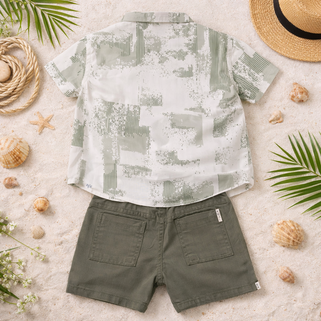 KIDZELLO Boys Premium Printed Shirt & Shorts Set – Soft Cotton Summer Outfit (6M–36M),available color options - Brown, Olive