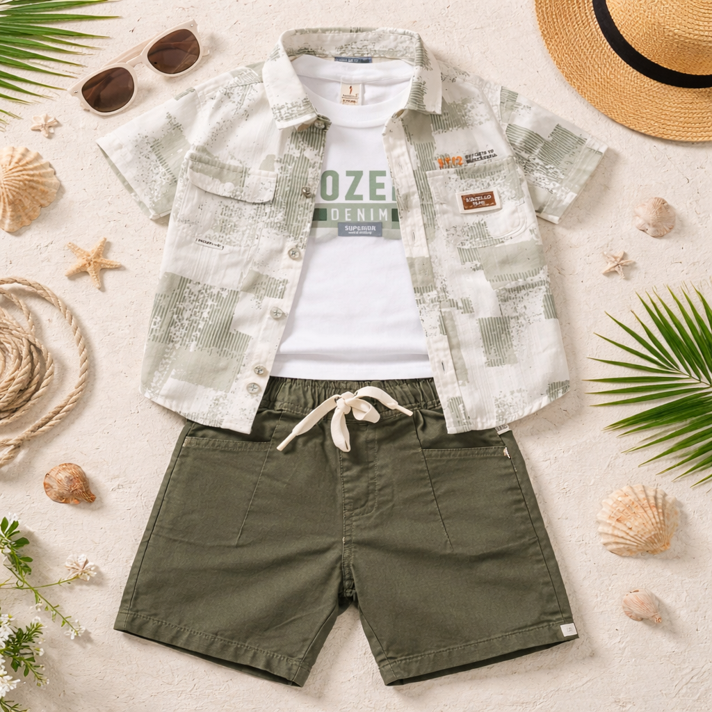 KIDZELLO Boys Premium Printed Shirt & Shorts Set – Soft Cotton Summer Outfit (6M–36M),available color options - Brown, Olive