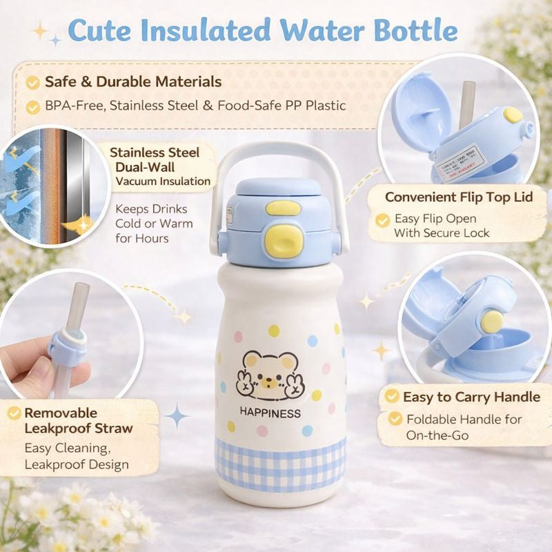 SMILE BABY Kids Insulated Water Bottle with Straw & Handle | Stainless Steel, Leakproof Flip Lid | BPA-Free Cartoon Bottle for Kids (Red, White, Pink & Blue) 520ML