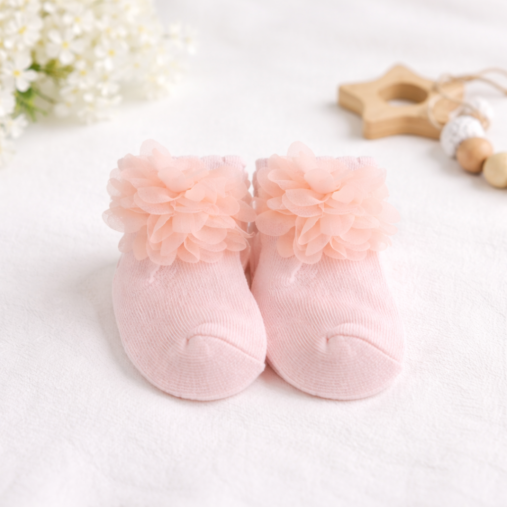 Baby Girl Flower Ankle Socks – Soft Cotton Blend Ruffle Socks for Newborn & Infant (Pack of 3 – White, Peach & Cream)