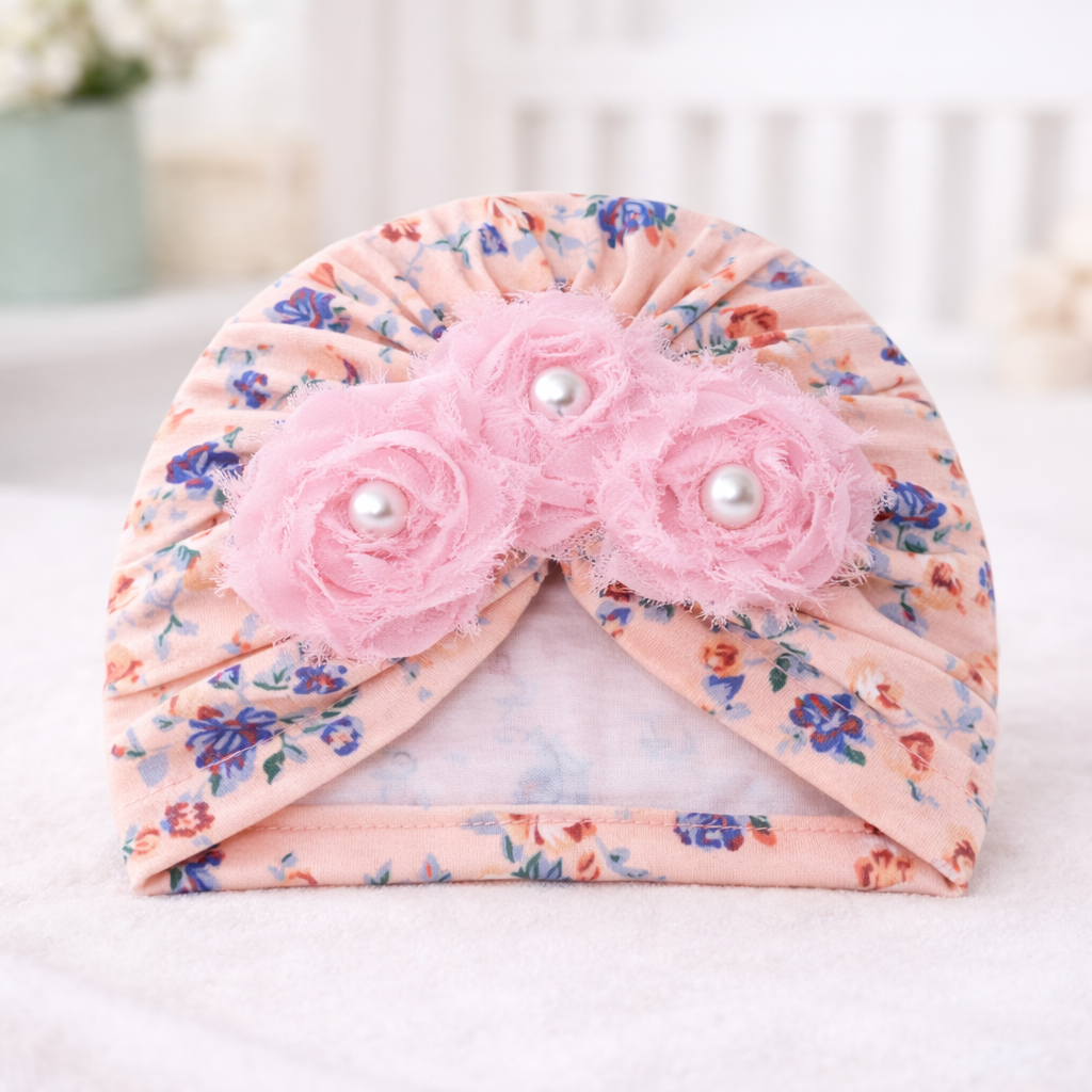 SMILE BABY Floral Baby Turban Headband with 3 Fabric Roses & Pearl Centers – Soft Lightweight Infant Headwear (Pink / Peach)