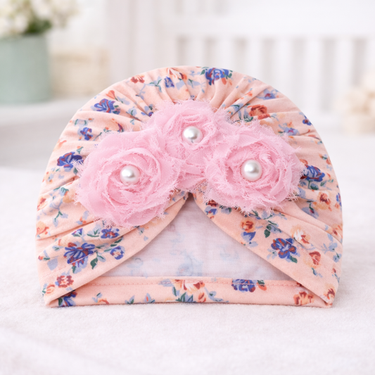 SMILE BABY Floral Baby Turban Headband with 3 Fabric Roses & Pearl Centers – Soft Lightweight Infant Headwear (Pink / Peach)