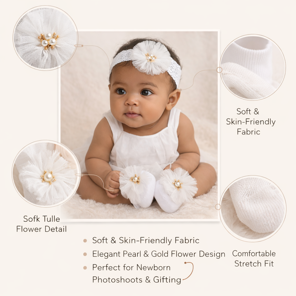 SMILE BABY Newborn Headband & Socks Set – Soft Tulle Flower Pearl Design for Baby Girls (0–12 Months)