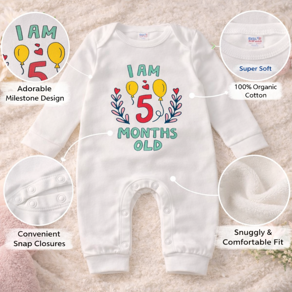BEN BENNY Baby 5 Months Milestone Romper – I Am 5 Months Old Printed Full Sleeve Cotton Bodysuit (Size M)
