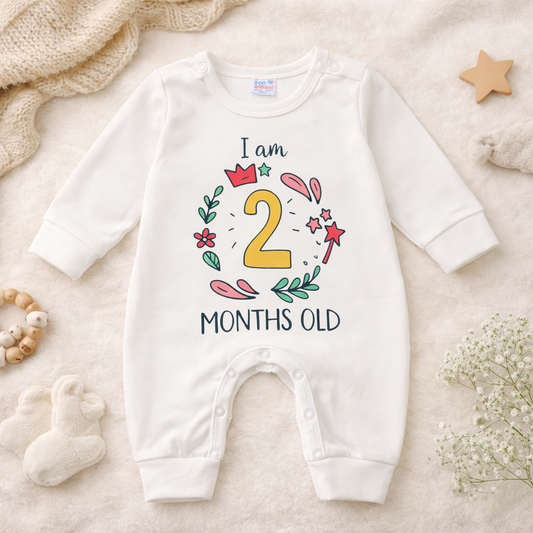 BEN BENNY Baby Romper – “I Am 2 Months Old” Printed Cotton Bodysuit, Long Sleeve, Easy Snap Closure – Size S