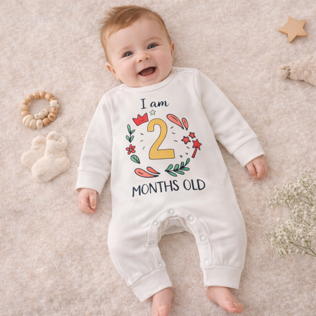 BEN BENNY Baby Romper – “I Am 2 Months Old” Printed Cotton Bodysuit, Long Sleeve, Easy Snap Closure – Size S