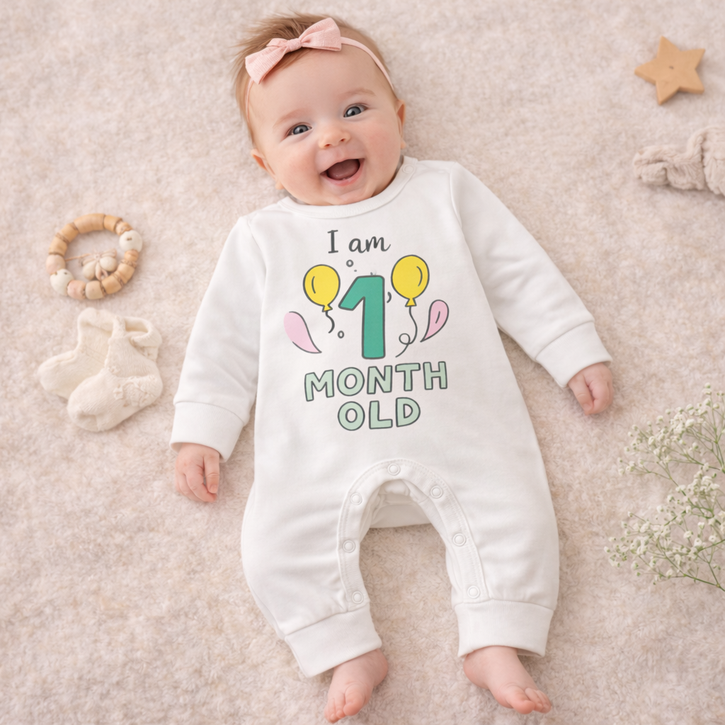 BEN BENNY Newborn Baby Romper – “I Am 1 Month Old” Printed Cotton Bodysuit, Long Sleeve, Easy Snap Closure – Size NB