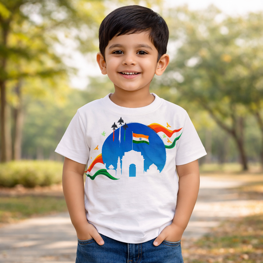TRIKI Boys Republic Day Special T-Shirt – India Gate Tricolor Print, White | 12 Months–9 Years