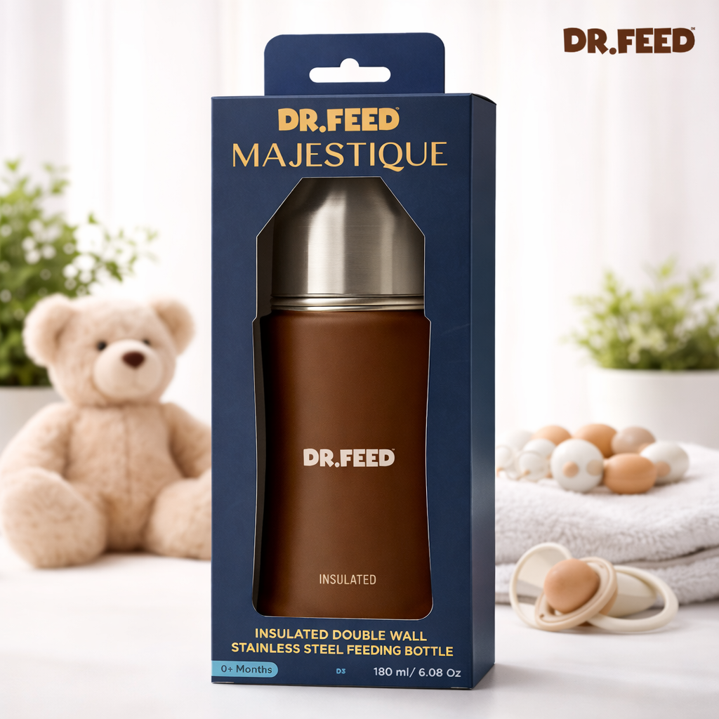 ADORE Dr. Feed Majestique Insulated Stainless Steel Feeding Bottle (180 ml) | Double Wall 304 SS | Anti-Colic Silicone Teat | Keeps Milk Hot & Cold Longer | 0+ Months | BROWN