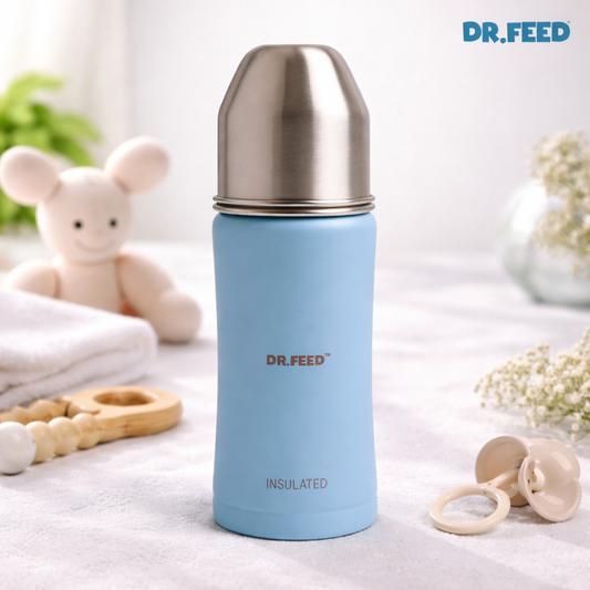 Adore DR.FEED Majestique Insulated Stainless Steel Feeding Bottle (270 ml, Blue) | Double Wall 304 SS | Anti-Colic Silicone Teat | Keeps Milk Warm & Cold Longer