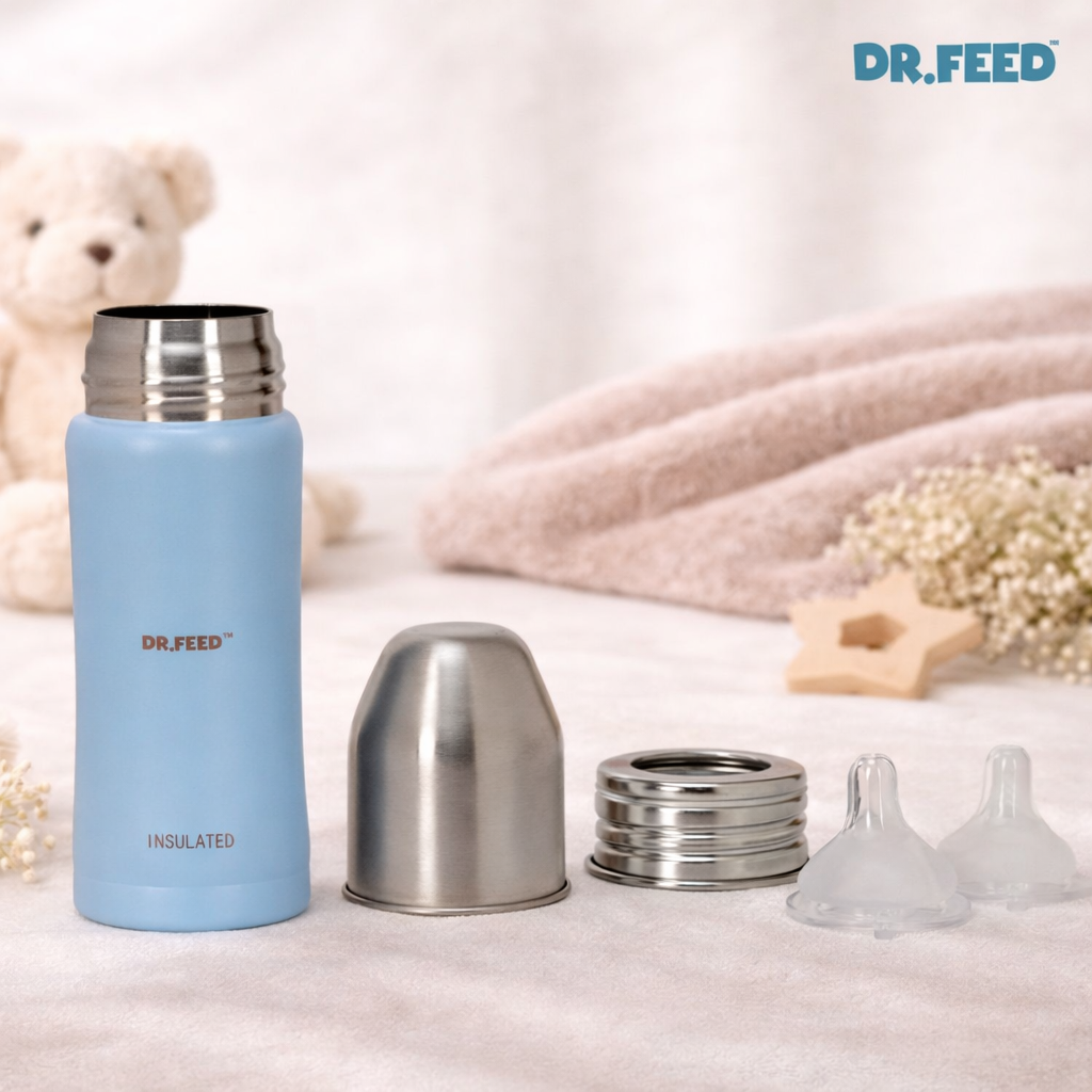 Adore DR.FEED Majestique Insulated Stainless Steel Feeding Bottle (270 ml, Blue) | Double Wall 304 SS | Anti-Colic Silicone Teat | Keeps Milk Warm & Cold Longer