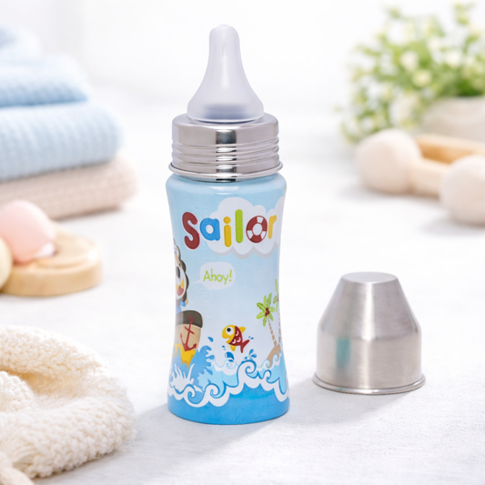 Adore® Sprint 250 ml Premium Anti-Colic Printed Stainless Steel Feeding Bottle | BPA-Free | Wide Mouth | Leakproof | Cute Cartoon Design