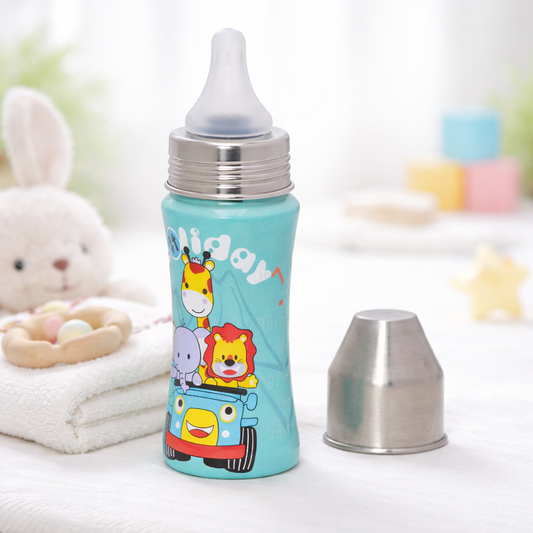 Adore® Sprint 250 ml Premium Stainless Steel Feeding Bottle | BPA-Free | Anti-Colic Teat | Leakproof | Cute Animal Print Baby Bottle