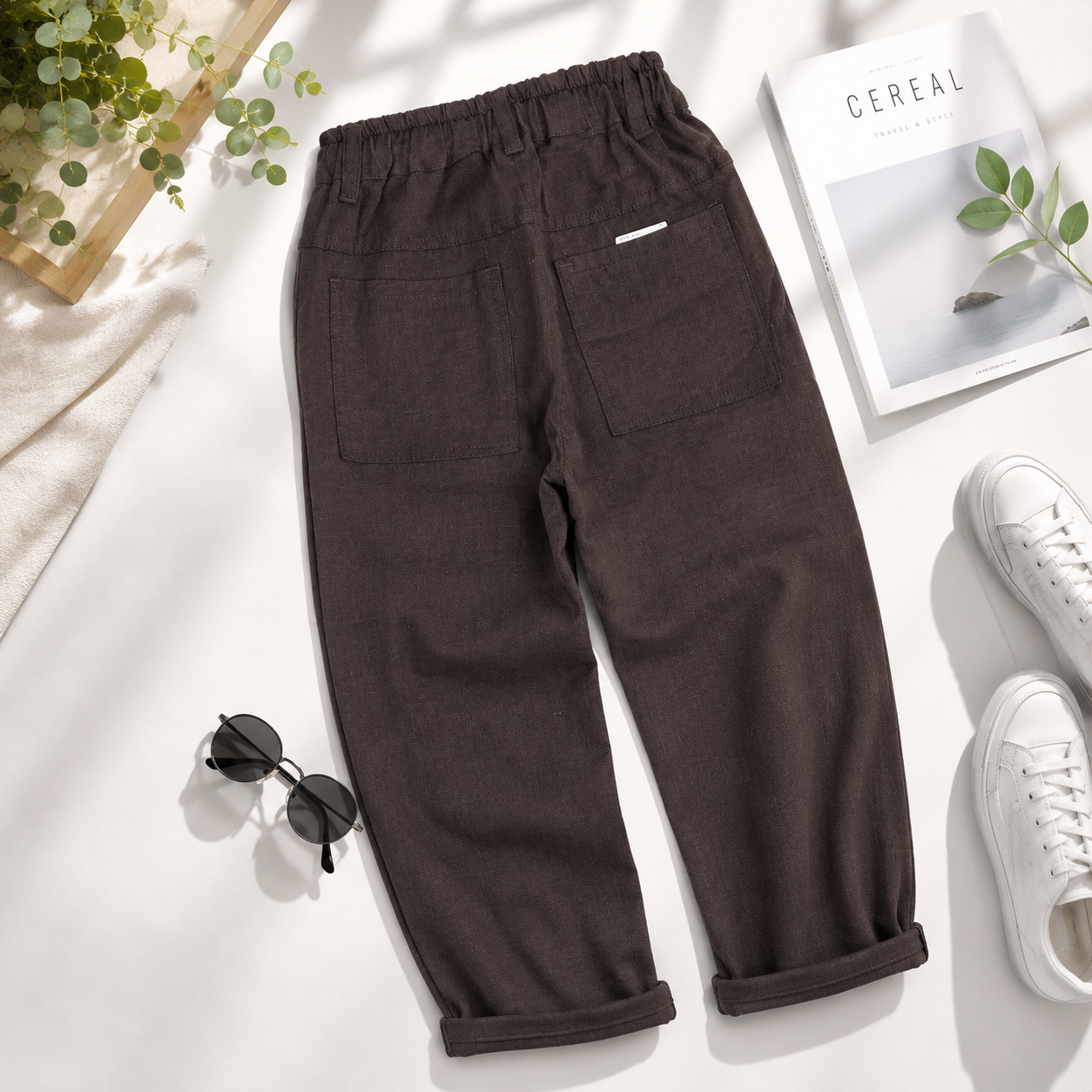 COOLEST Boys Cotton Linen Casual Pants | Elastic Waist Drawstring Trousers | Brown & Cream | 5–14 Years