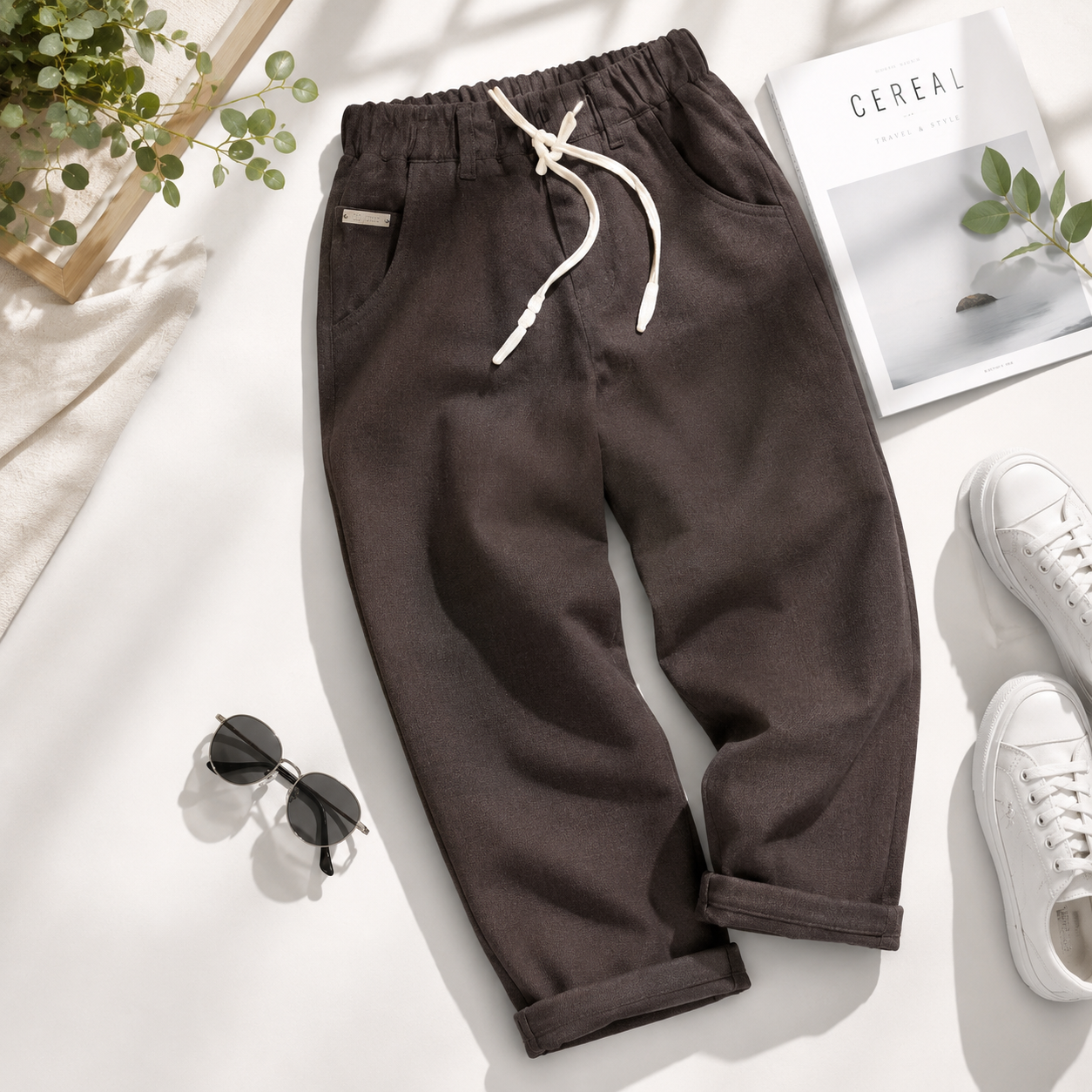 COOLEST Boys Cotton Linen Casual Pants | Elastic Waist Drawstring Trousers | Brown & Cream | 5–14 Years