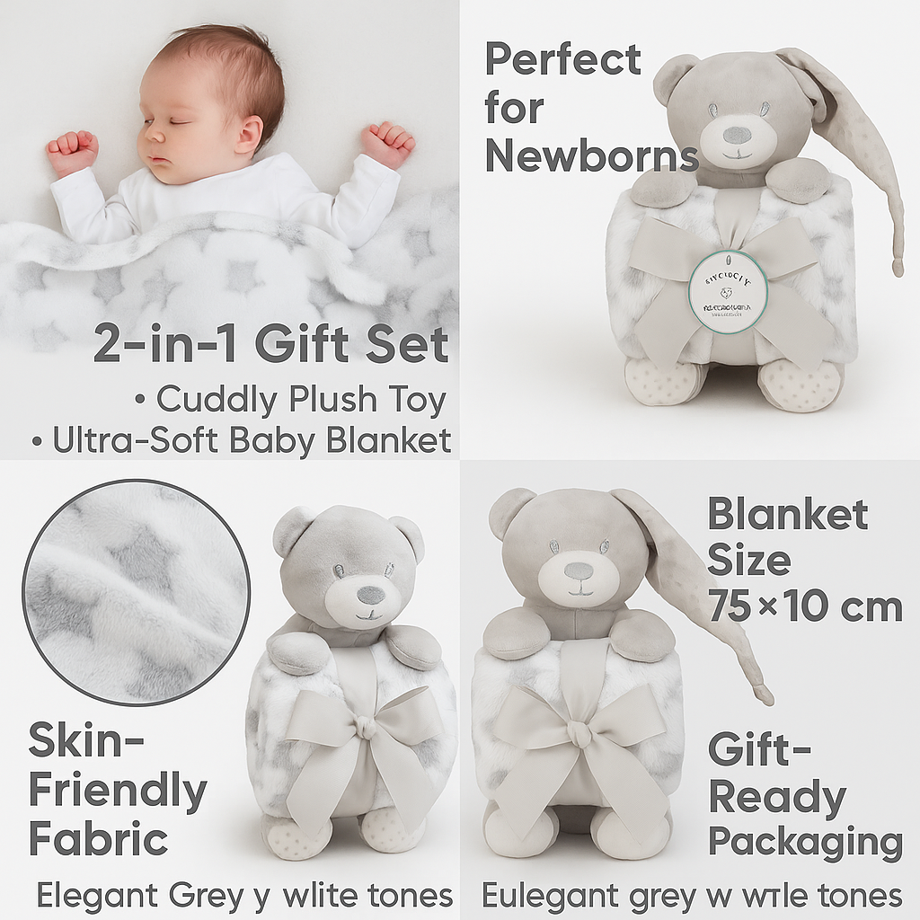 Smile Baby Soft Plush Teddy Bear Gift Set with Blanket | For Newborn Boys & Girls | 75×100 cm | Blue, Grey, Cream Variants