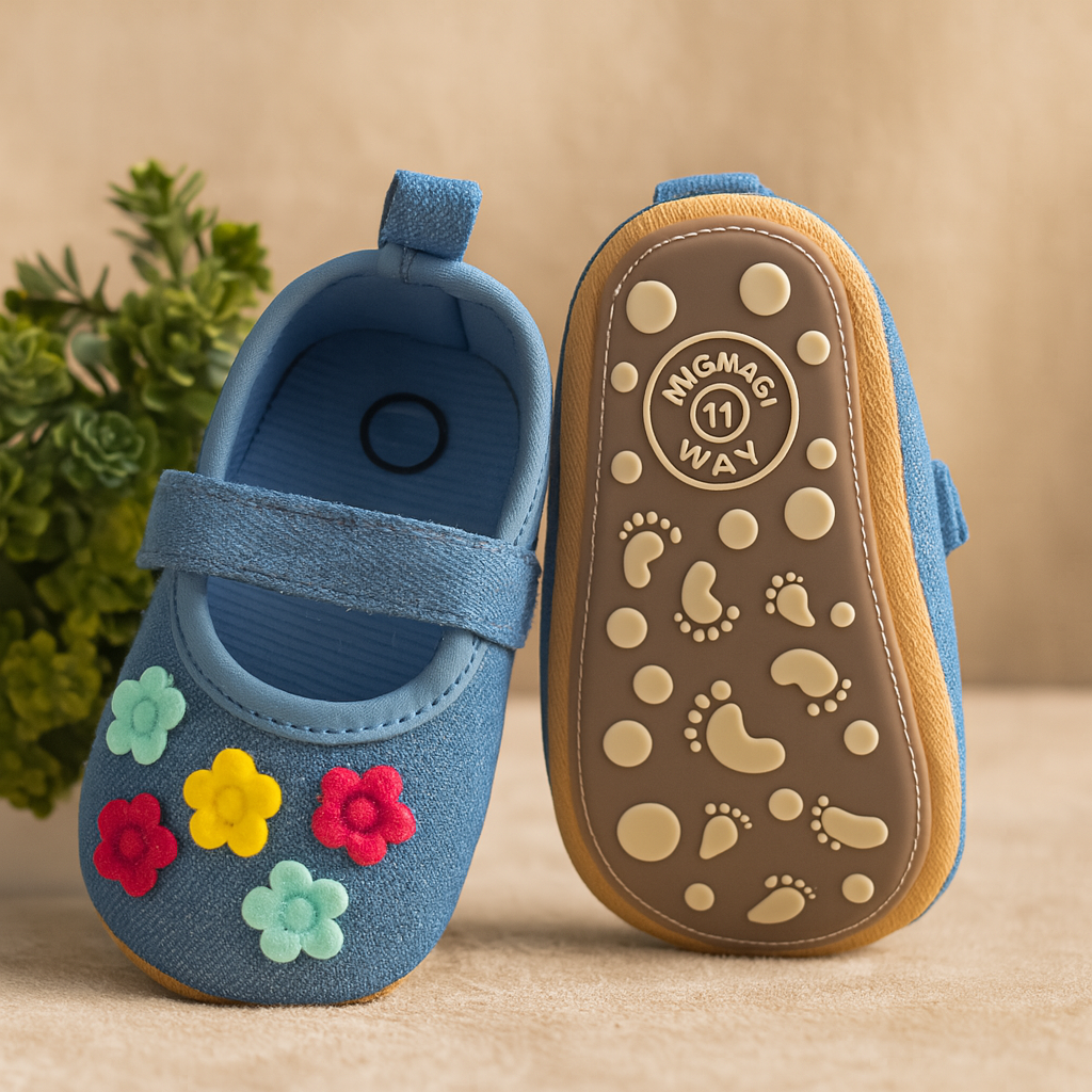 Smile Baby Girls' Blue Denim Booties with Anti-Slip Sole – Soft Pre-Walker Shoes with Colorful Flower Design (0–18 Months)