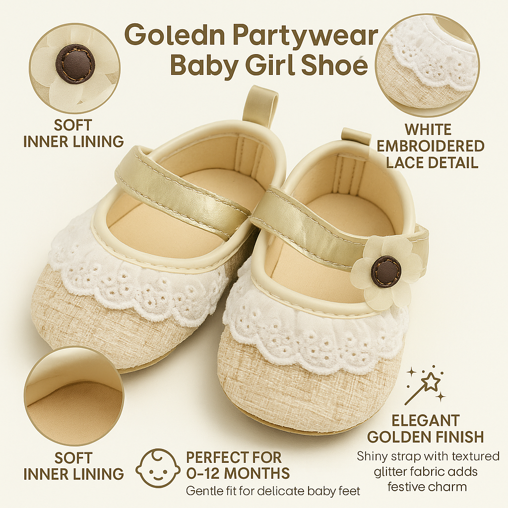 Smile Baby Golden Partywear Baby Girl Shoes – Soft Sole with Embroidered Lace & Glitter Textured Fabric | 0–12 Months | Lightweight & Elegant