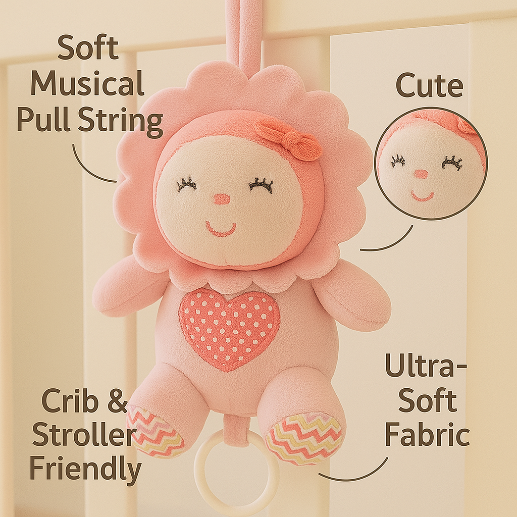 Smile Baby Hanging Pink Plush Toy – Soft Musical Pull String | Crib & Stroller Friendly | Ultra-Soft Fabric | Sunflower Pink Hanging Toy