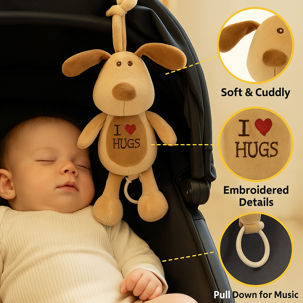 Smile Baby Hanging Dog Plush Toy – Soft Musical Pull String | Crib & Stroller Friendly | “I ❤️ HUGS” Embroidery | Soothing for Newborns & Infants