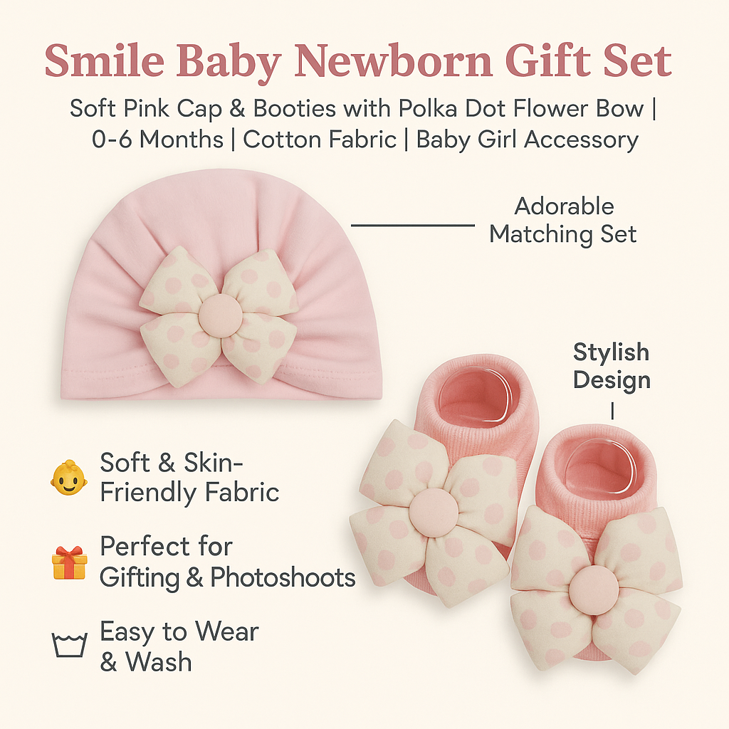 Smile Baby Newborn Gift Set – Soft Pink , Brown , Yellow | 3 Colors Variants Cap & Booties with Polka Dot Flower Bow | 0–6Months | Cotton Fabric | Baby Girl Accessory Set