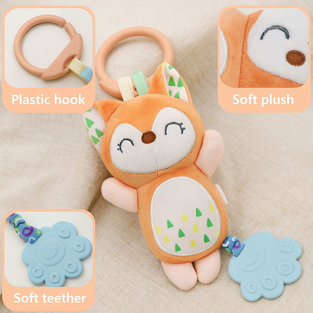 Smile Baby Hanging Plush Fox Toy with Soft Teether & Hook | Crib, Stroller & Car Seat Hanging | Soothing Toy for Infants & Toddlers