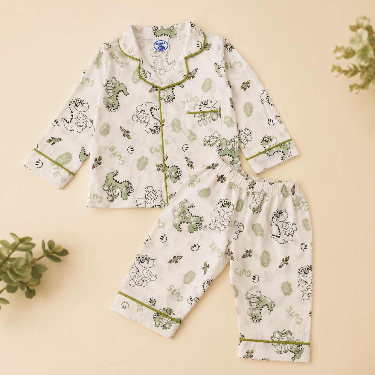 Smile Baby Boys Night Suit, Dinosaur Print Paper Cotton Nightwear Set, Full Sleeve Shirt & Pyjama, Soft Breathable Sleepwear for Boys (18 Months–10 Years)