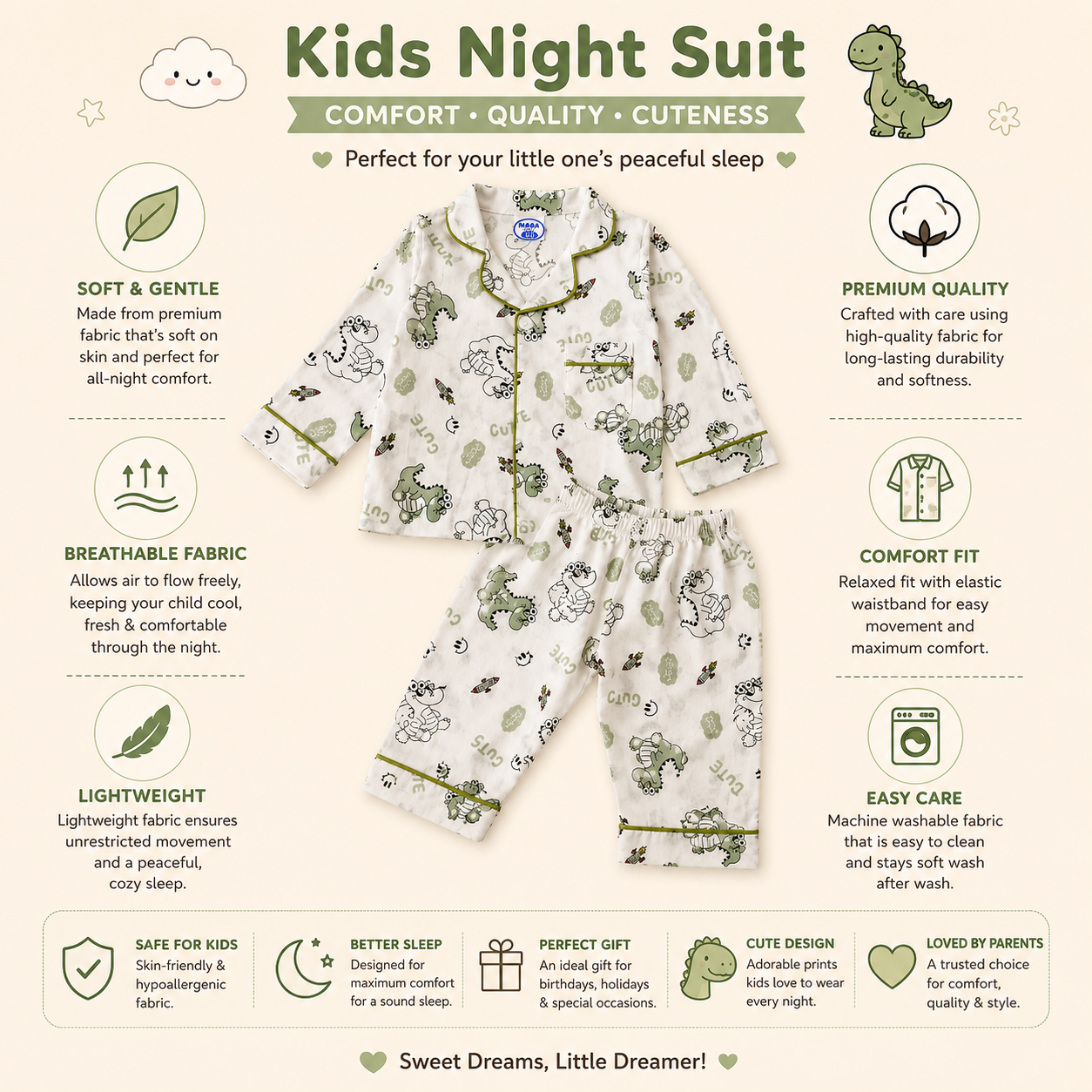 Smile Baby Boys Night Suit, Dinosaur Print Paper Cotton Nightwear Set, Full Sleeve Shirt & Pyjama, Soft Breathable Sleepwear for Boys (18 Months–10 Years)