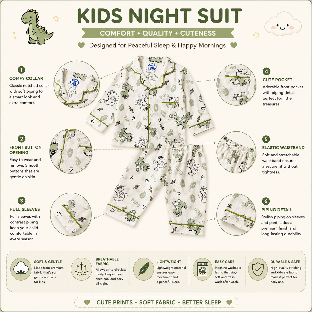 Smile Baby Boys Night Suit, Dinosaur Print Paper Cotton Nightwear Set, Full Sleeve Shirt & Pyjama, Soft Breathable Sleepwear for Boys (18 Months–10 Years)