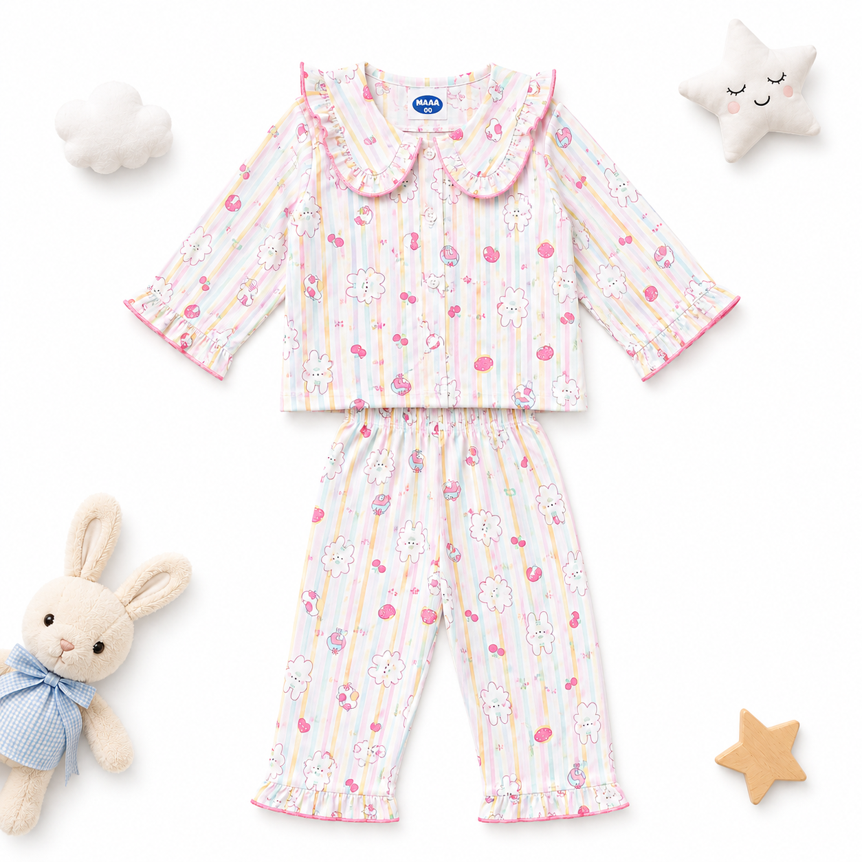 SMILE BABY Girls Premium Paper Cotton Night Suit | Soft Breathable Full Sleeve Pajama Set with Ruffle Collar, Front Button, Elastic Waist | Kids Sleepwear for Girls 18 Months to 10 Years