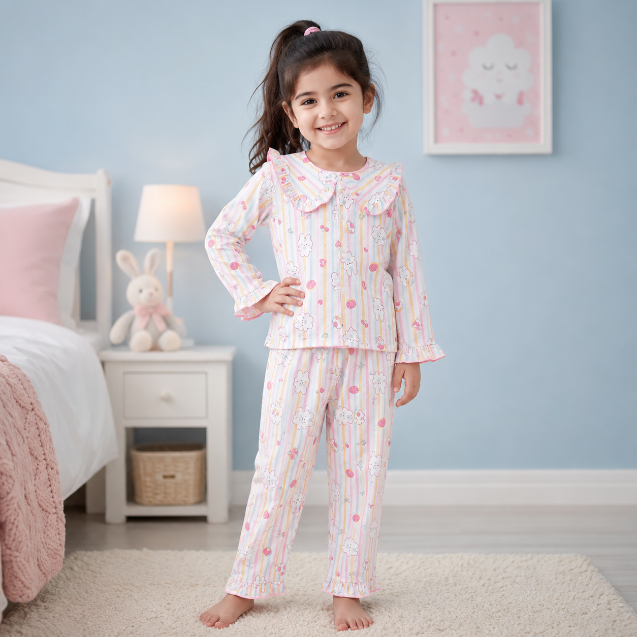 SMILE BABY Girls Premium Paper Cotton Night Suit | Soft Breathable Full Sleeve Pajama Set with Ruffle Collar, Front Button, Elastic Waist | Kids Sleepwear for Girls 18 Months to 10 Years