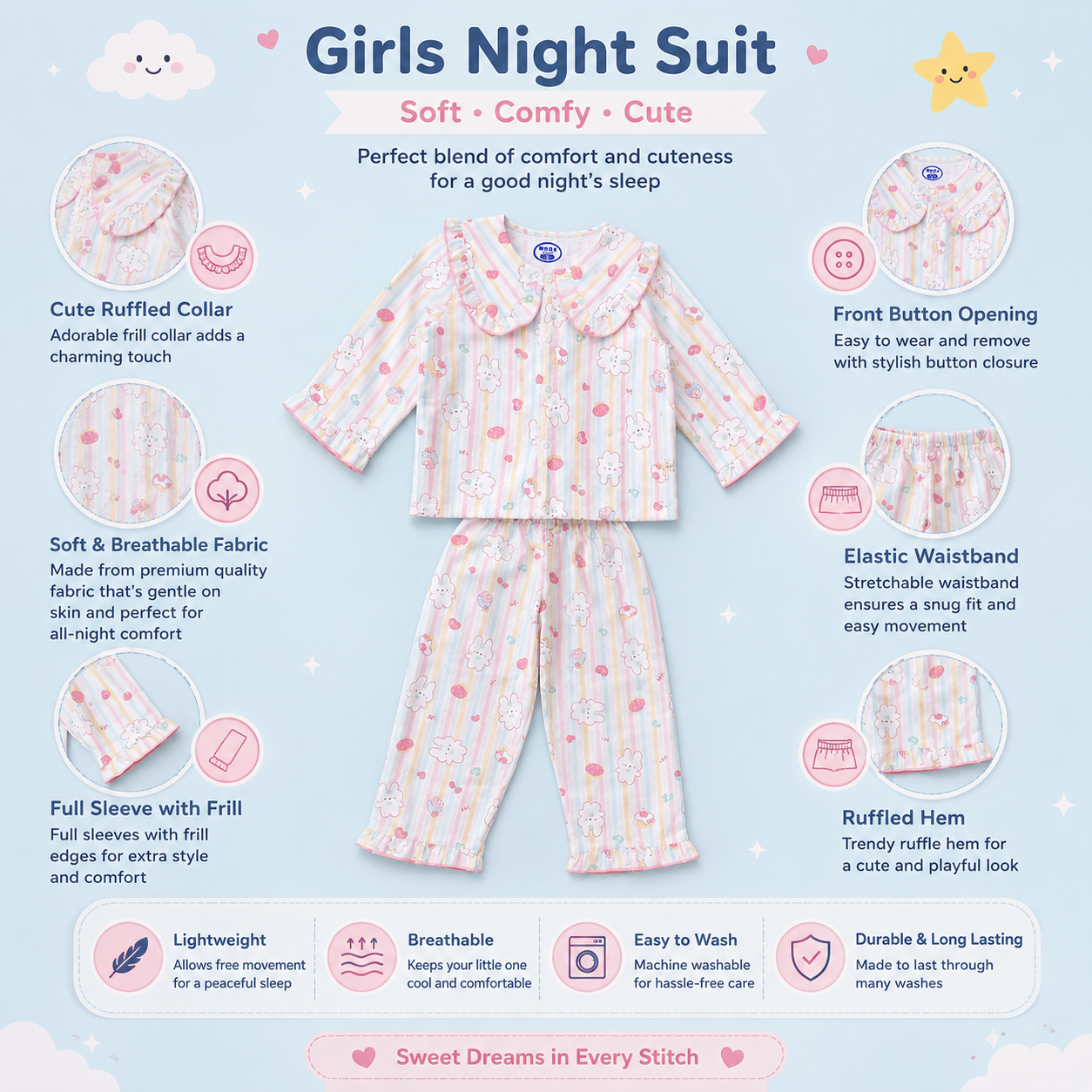 SMILE BABY Girls Premium Paper Cotton Night Suit | Soft Breathable Full Sleeve Pajama Set with Ruffle Collar, Front Button, Elastic Waist | Kids Sleepwear for Girls 18 Months to 10 Years