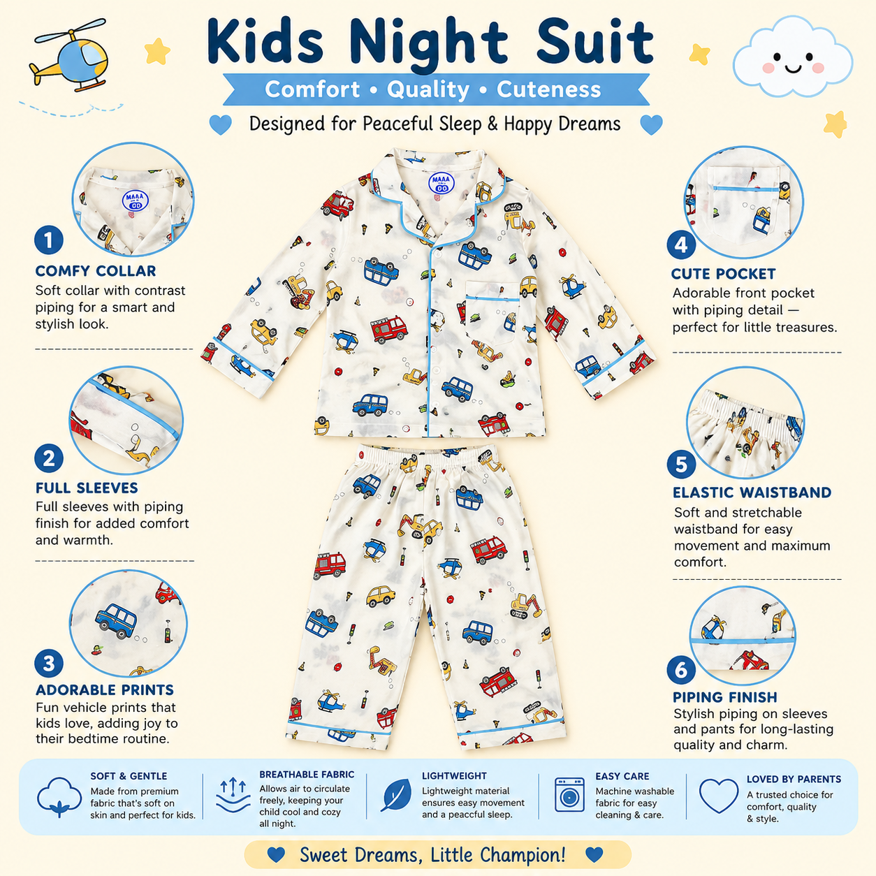 SMILE BABY Kids Night Suit for Boys , Car Truck Print Cotton Nightwear Set, Full Sleeve Shirt & Pyjama, Soft Breathable Kids Sleepwear (18 Months–7 Years)